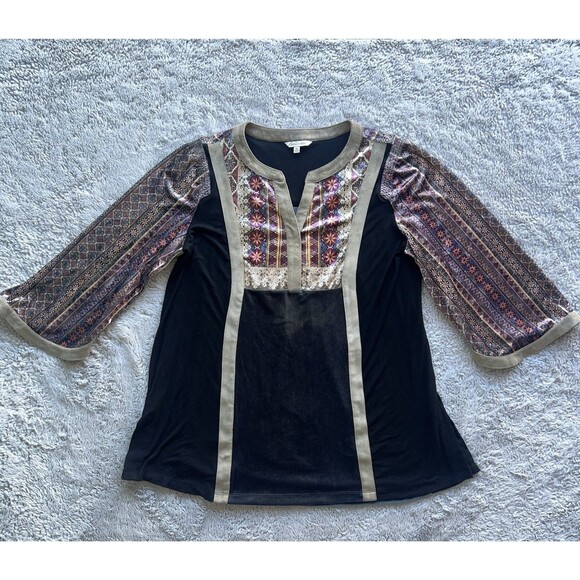 John Mark Women’s Velvet Boho Tunic Bell Sleeve Floral Patchwork Blouse Medium - Picture 1 of 7